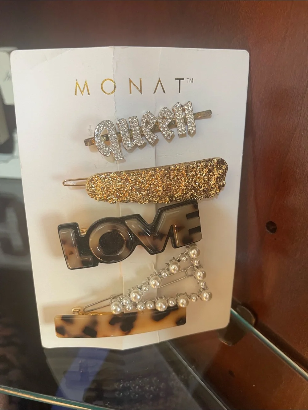 Monat Hair Barrettes Accessory NWT 5pc Queen Love Pearl Tortoise Cheeta Sparkle